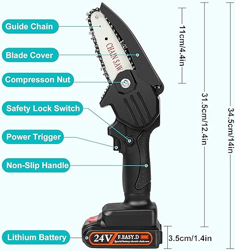 Miniatura 7 de Mini motosierra inalámbrica con 3 cadenas de 24 V de potencia fuerte, 2 baterías y cargador, motosierra portátil OneLeaf con una sola mano para poda