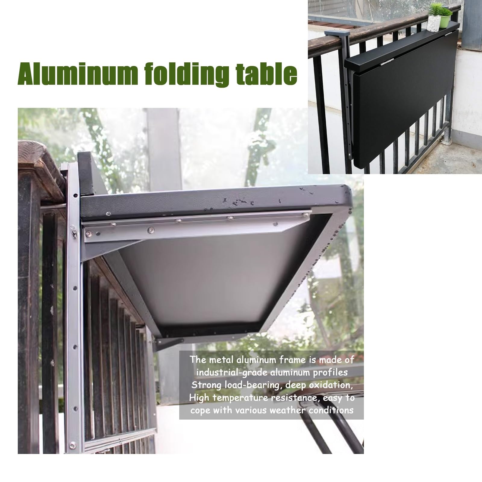 Mesa Plegable Ajustable para barandilla de balcón - Mesa Auxiliar de aleación de Aluminio para terraza, Mesa con Barra elevadora en Blanco y Negro, 100 x 39 cm (39,4 x 15,4 Pulgadas) - Muebl