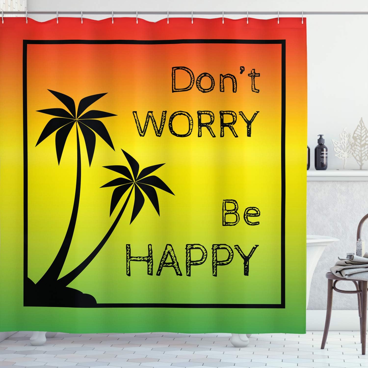 Ambesonne Rasta Shower Curtain, Dont Worry Be Happy Music Words of Iconic Singer Palms Ombre Colors, Cloth Fabric Bathroom Decor Set with Hooks, 69" W x 84" L, Lime Green Yellow Black