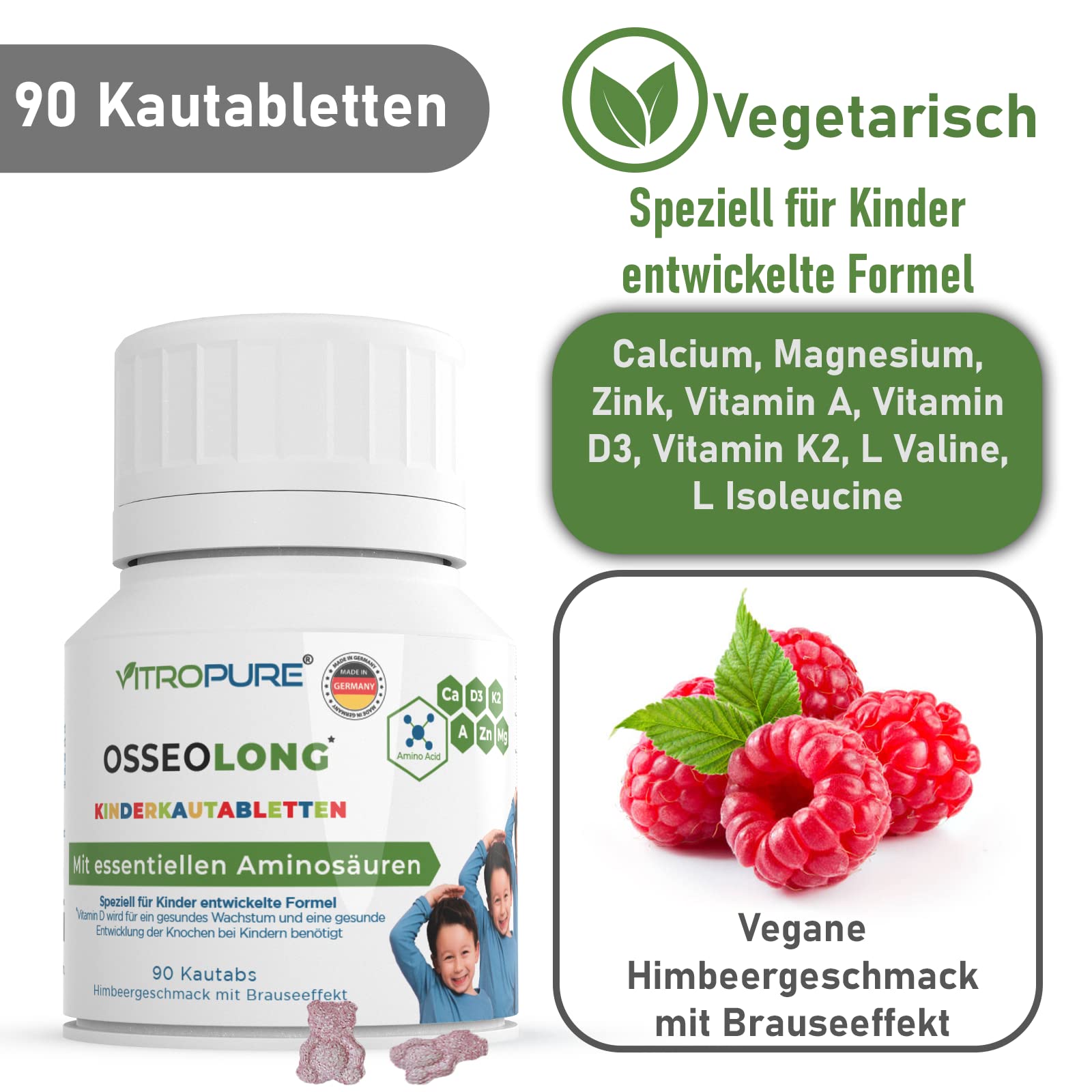 OsseoLong® Kautabletten: Einzigartige Kombination: Verzweigtkettiger Aminosäuren (BCAAs), Kalzium, Vitamin D3, Zink und Magnesium für die Knochenentwicklung.