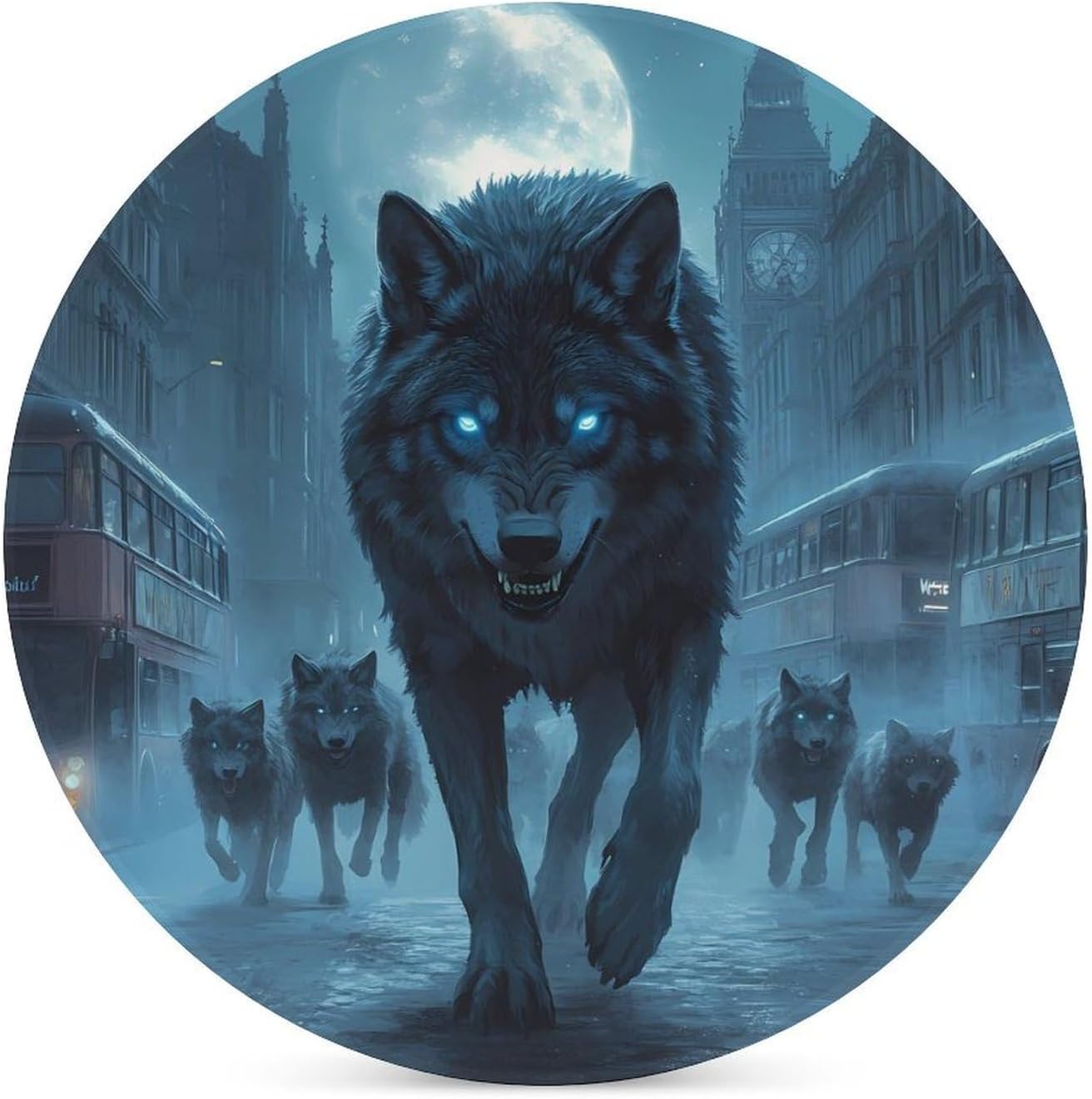 Wolves London Street Round Ceramic Coasters for Drinks Absorbent Cup Holder Tabletop Protector with Cork Base