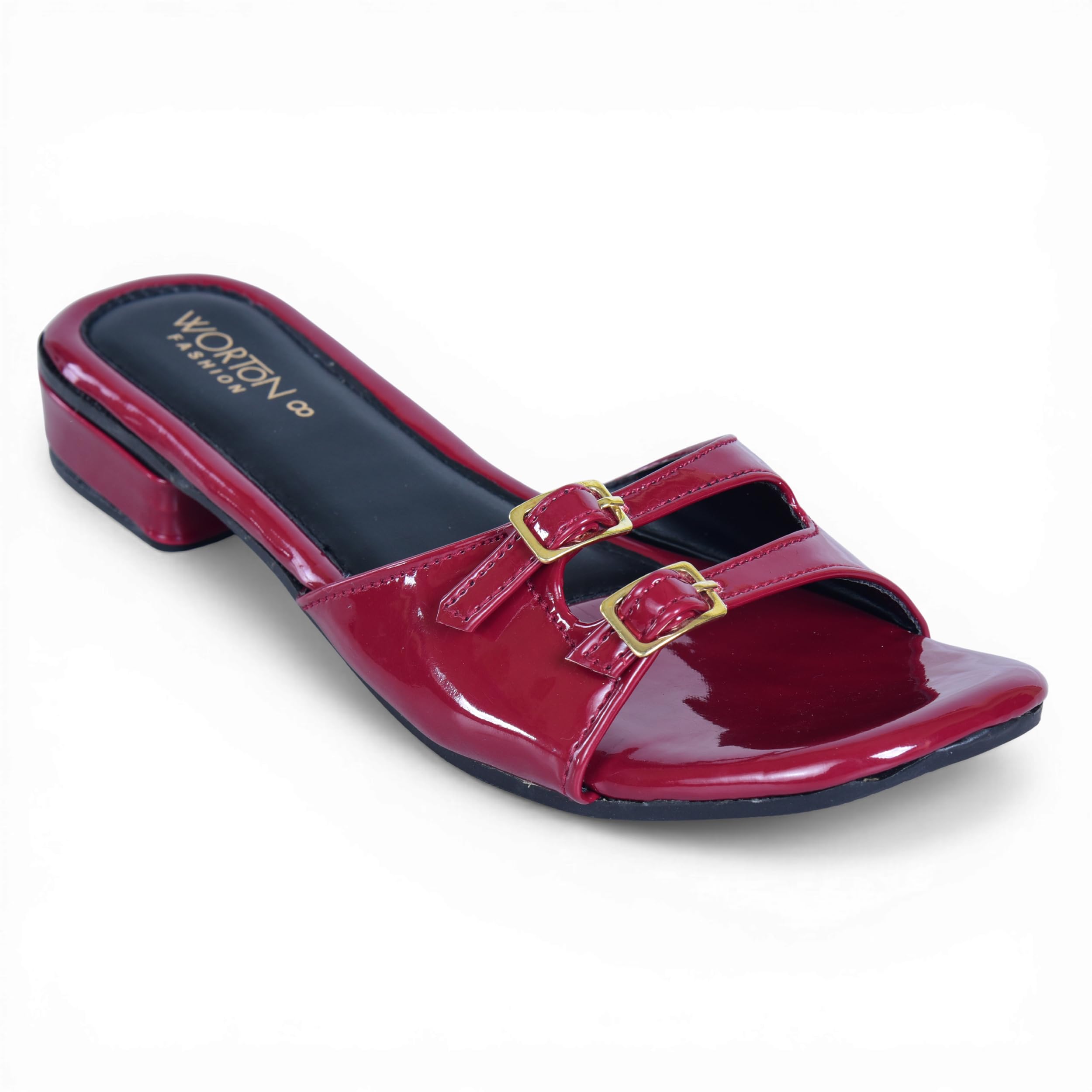 Women Maroon & Black Patent Block-Heel Sandals - Glossy Open-Toe Slides with Dual Gold Buckle Straps| Casual & Comfortable.-picture-25