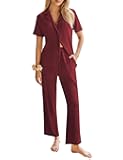 Womens Rib Knit Pajamas Button Up Lounge Sets Short Sleeve Top and Long Pants Matching Pjs Sleepwear Loungewear