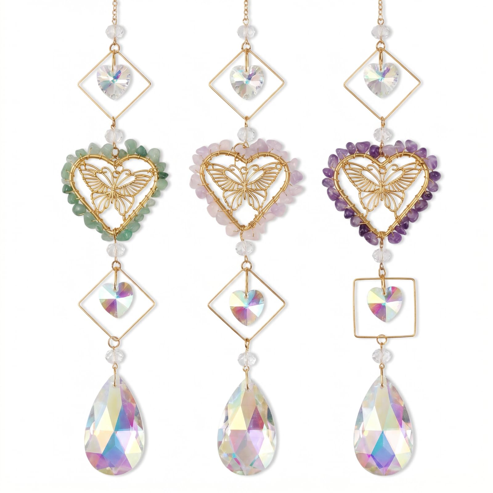 Maitawa 3er Set Sonnenfänger Schmetterling Herz-Design - Kristall Fensterdeko hängend mit Heilsteinen - Regenbogen Effekt mit Box