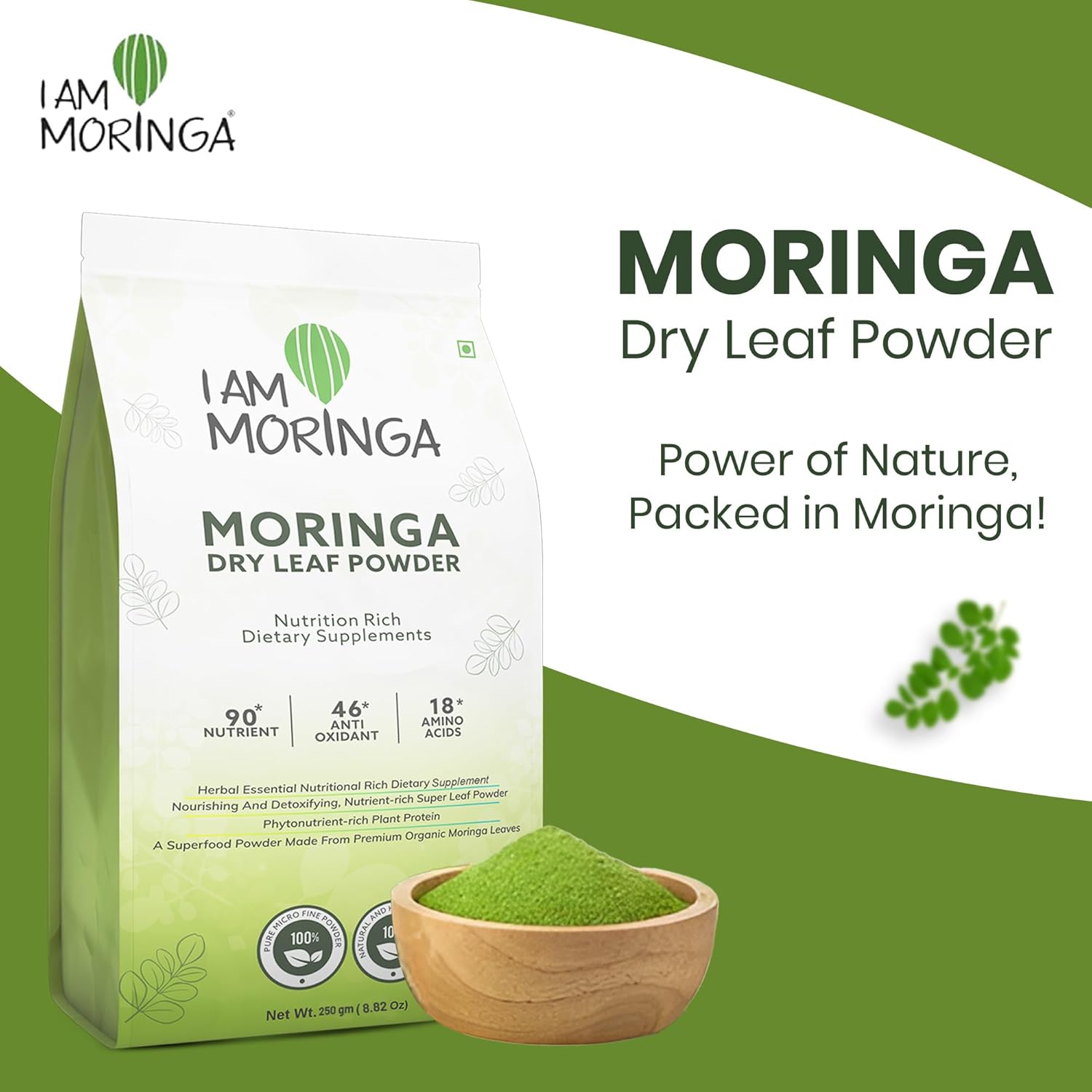 I am Moringa Moringa Powder 250 grams, 100% natural drumstick leaf powder for the skin, hair healthy plant based protein powder without any chemicals and preservatives I am Moringa Moringa Powder 250 grams, 100% natural drumstick leaf powder for the skin, hair healthy plant based protein powder without any chemicals and preservatives