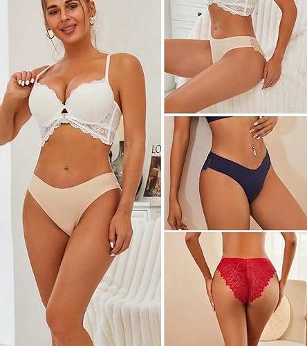 Miniatura 6 de FINETOO Paquete de 6 ropa interior sexy para mujer, sedosas, sin costuras, bragas invisibles, bikini de encaje ligero y atrevido hipster