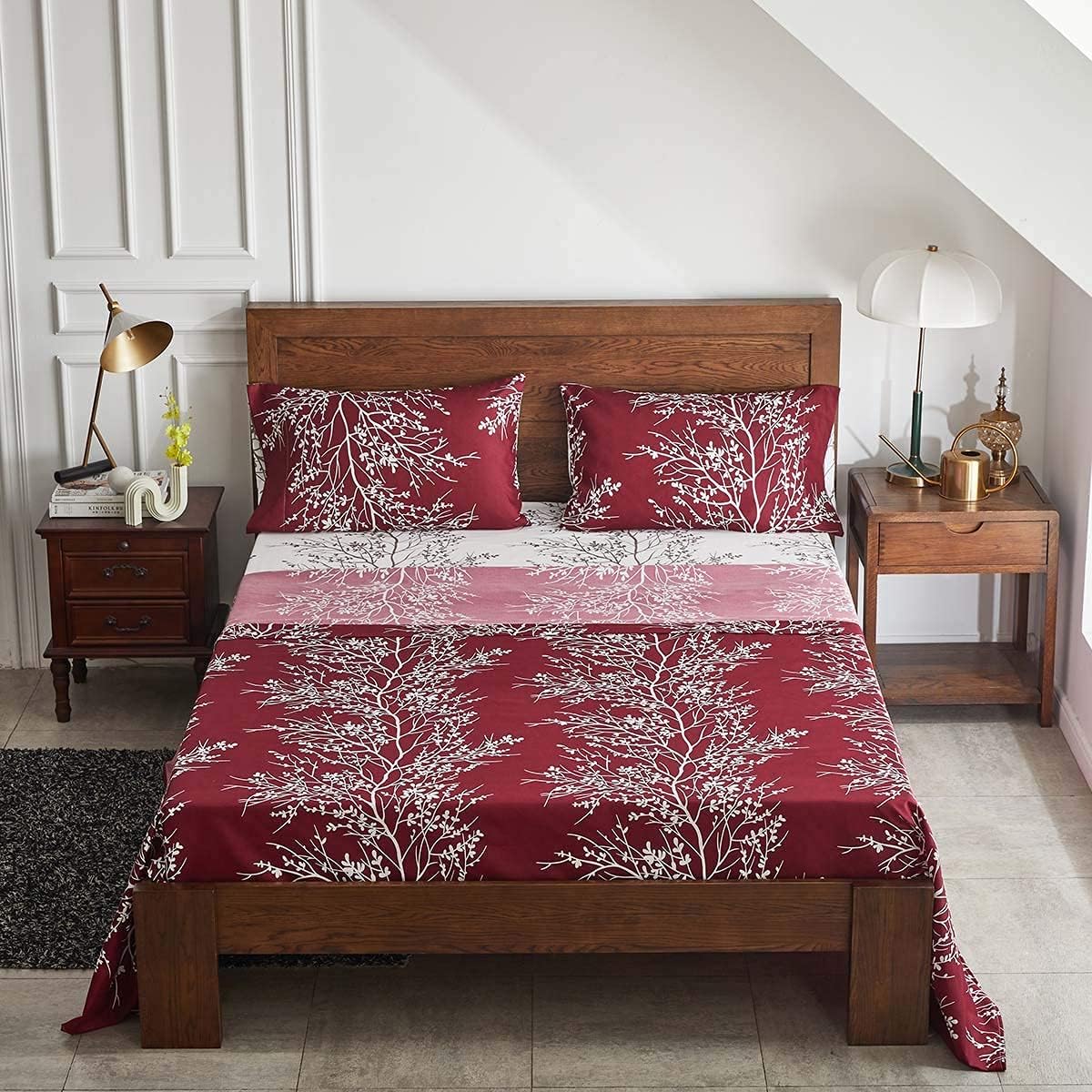 Christmas Bed in a Bag Burgundy Red Comforter Sheet Set 7 Pieces Queen Size All Season Tree Branch Soft Microfiber Bedding Set (1 Comforter 2 Pillow Shams 1 Flat Sheet 1 Fitted Sheet 2 Pillowcases)
