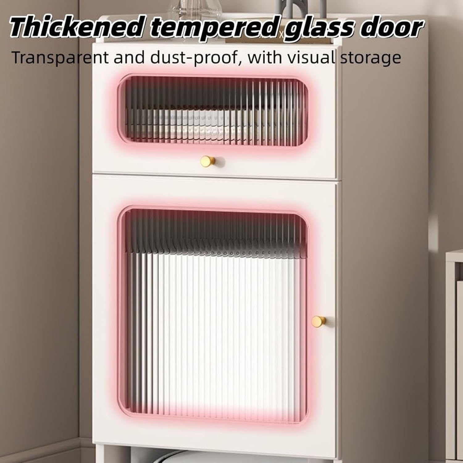 Robot Vacuum Storage Cabinet with Tempered Glass Door - Space-Saving Self-Emptying Sweeper Rack for Living Room - Modern White Design, Compact Size for Small Spaces