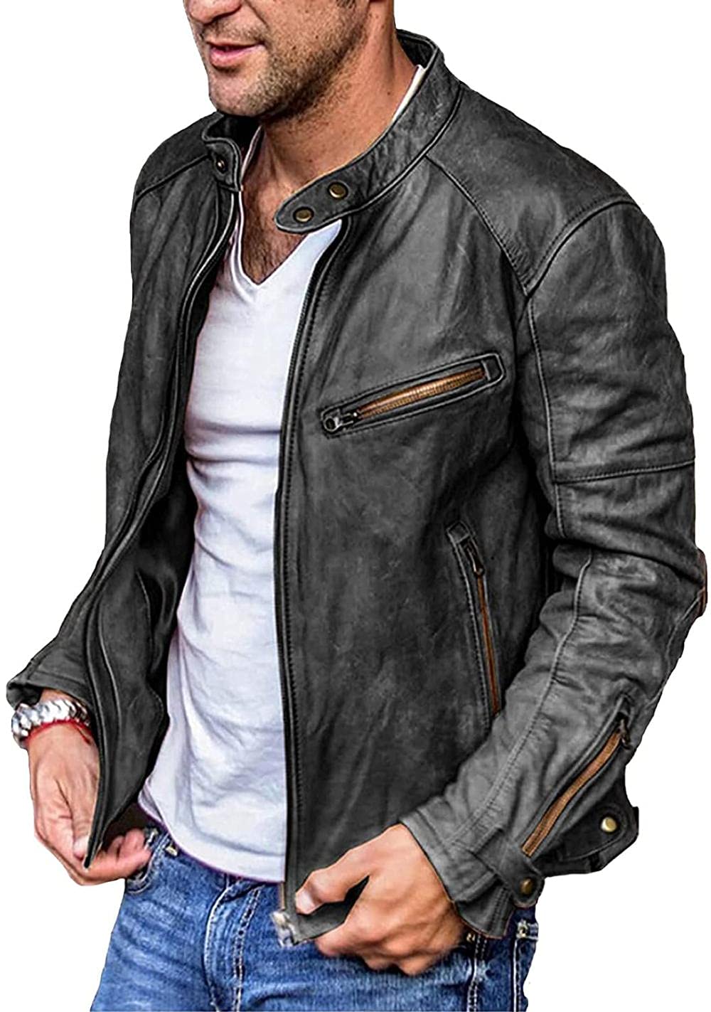Herren Jacke Motorradjacke Lederjacken Mit Reißverschluss Bikerjacke Motorradjacke Fliegerjacke Freizeitjacke Stehkragen Übergangsjacke Leicht Outdoor Jacke Streetwear