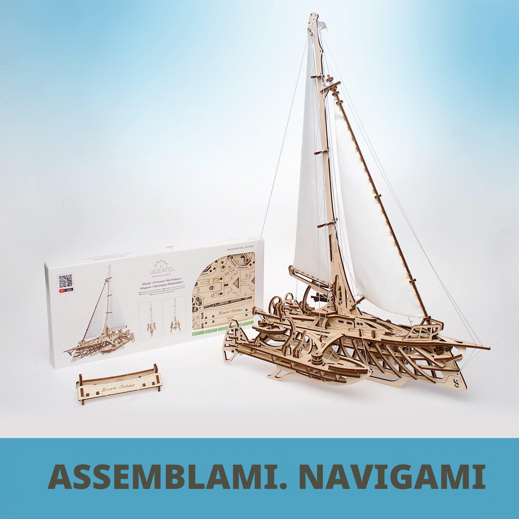 UGEARS Trimarano a Vela Merihobus Modello in Legno 3D - Puzzle per Adulti - Modello Meccanico - Rompicapo da Costruire - Da Collezionare