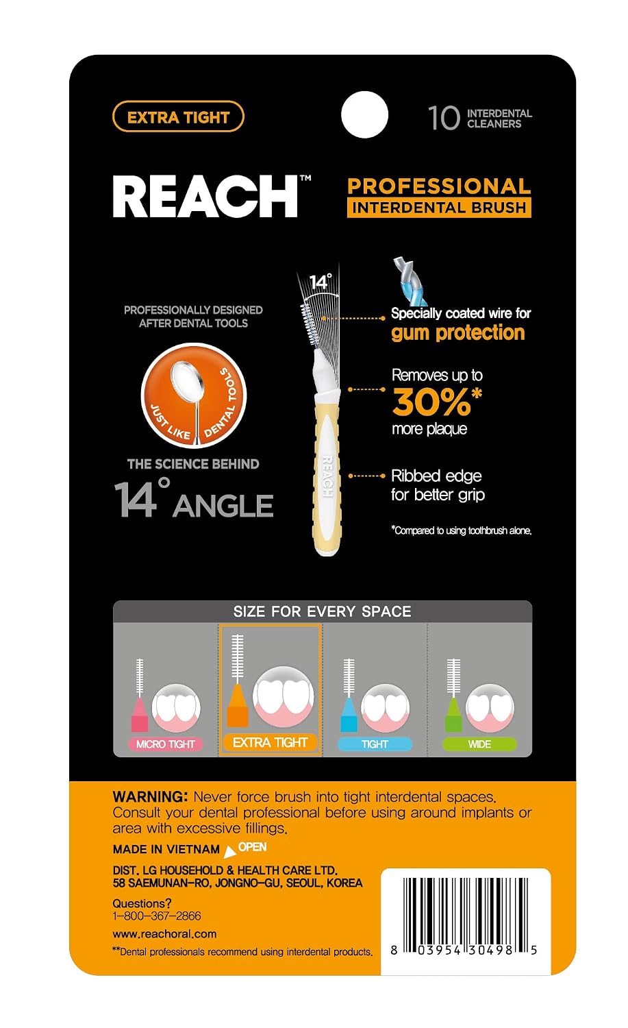 Reach Interdental Brush Cleaners, 0.7mm, Extra Tight, Sensitive Gum Protection, Plaque Remover for Teeth, Braces Flossers, Braces Brush, Dental Toothbrushes, Oral Care, 1 Pack, 10 Count