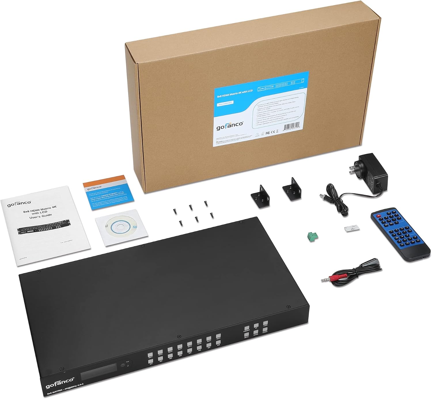 gofanco 8x8 HDMI Matrix Switch with LCD Info Screen – 1U, 4K 60Hz 4:4:4, HDCP 2.2/1.4, Auto Downscaling, Supports Dolby Vision, HDR, HDR10, HLG, Atmos, Audio Embed/Extract, EDID, Web GUI (Matrix88HD2)