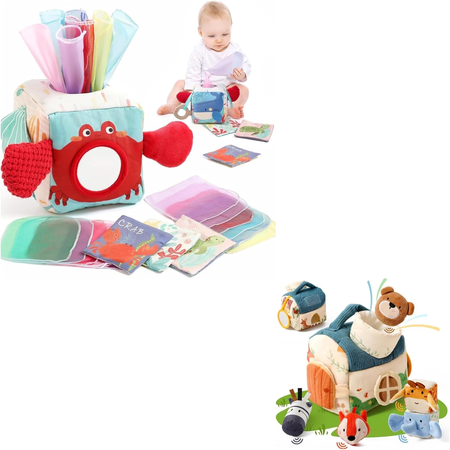 Youuys Baby Sensory Toys 2 Sets, Tissue Box Toy for Babies 6-12 Months & Montessori Soft Stuffed Animal Set
