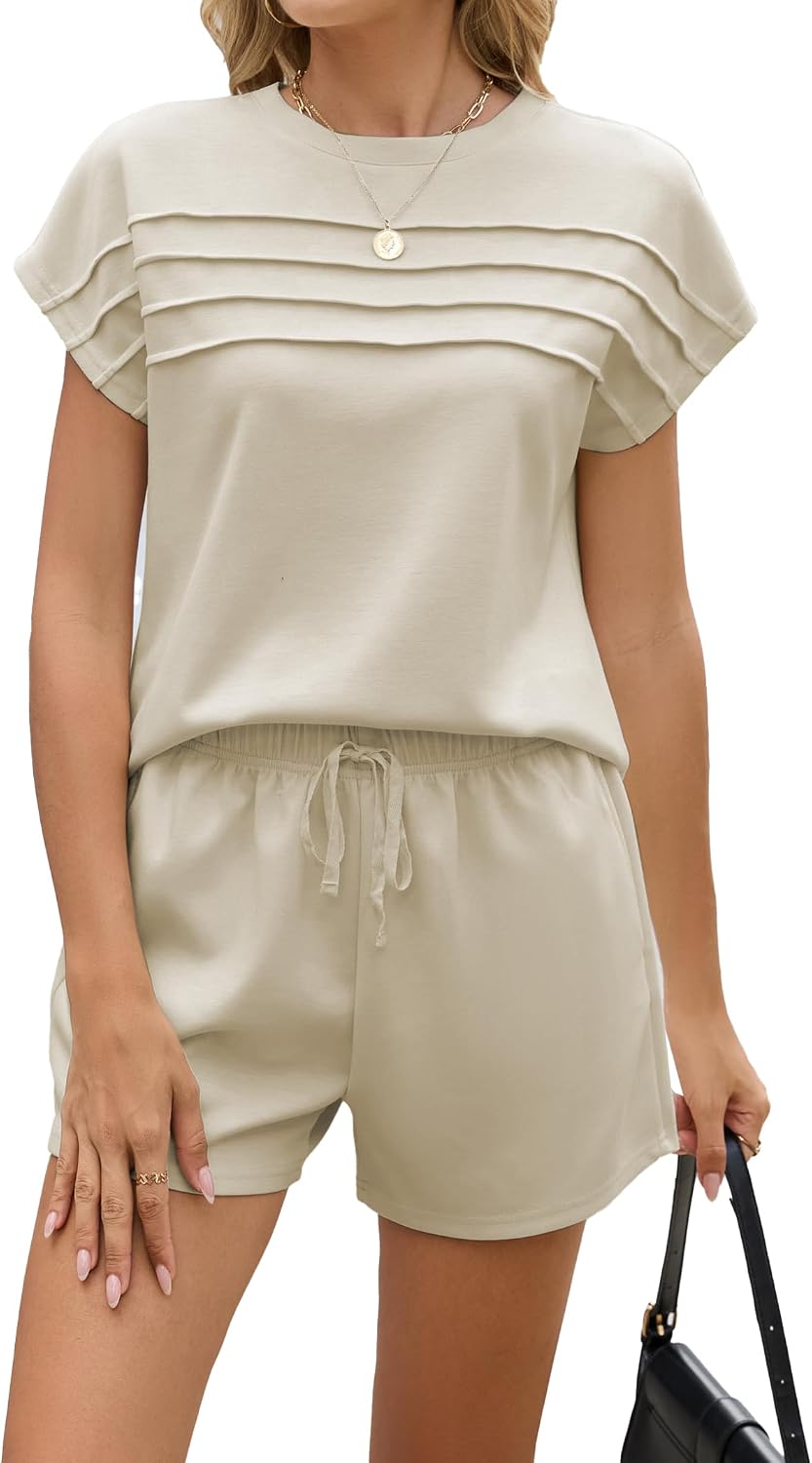 Famulily Womens Summer 2 Piece Lounge Sets Casual Short Sleeve Tops and Drawstring Shorts with Pocket