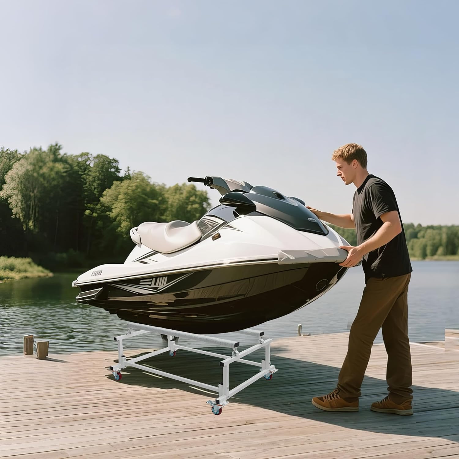 Heavy Duty Jet Ski Stand Dolly Cart - 1000LB Capacity Adjustable Boat Trailer with 4 Swivel Casters (2 Locking), Thick Padded Fabric, Galvanized Steel for PWC, Inflatable Boats, Storage & Transport