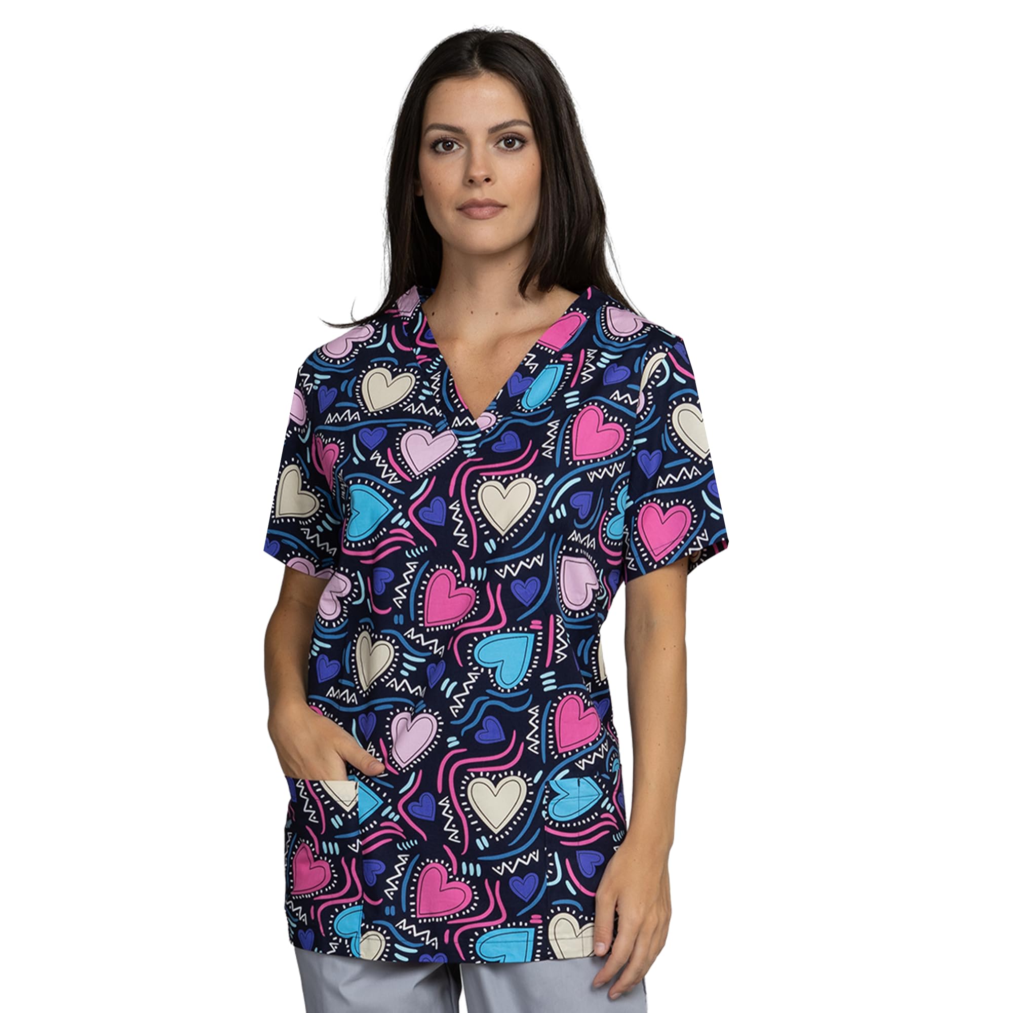 B-well Bambina Women's Tunic Short Sleeve V-Neck Tunic Women's Care Motif, Love, XXL