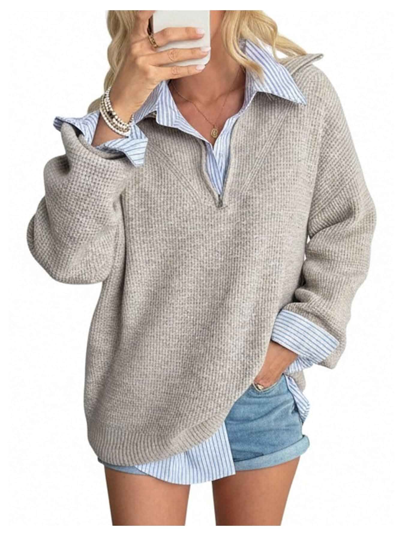 SOLY HUX Women's Quarter Zip Long Sleeve Sweaters Oversized Collared Pullover Knit Tops Striped