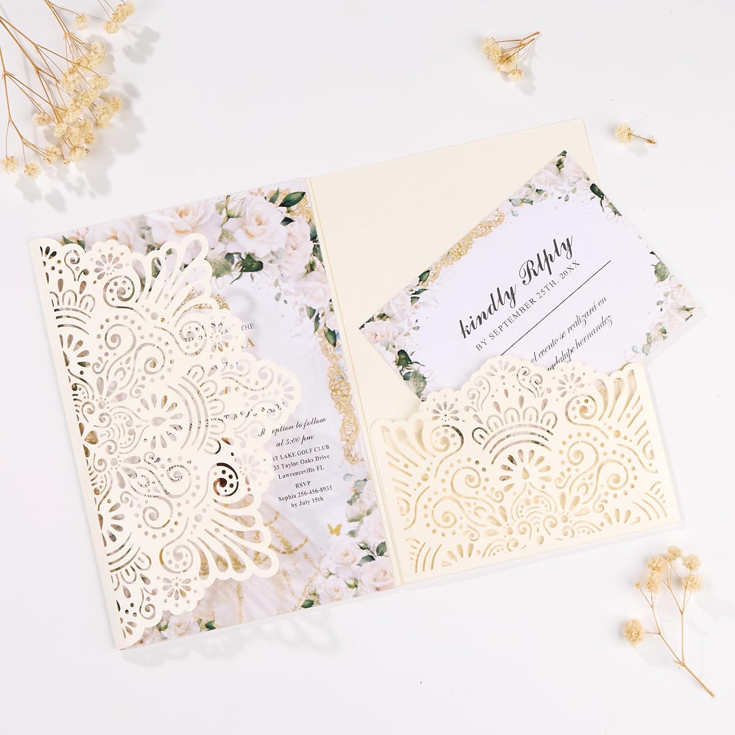 Mabbcoo 50PCS Ivory Laser Cut Wedding Invitations with Envelopes, RSVP Cards & Blank Sheets - Customizable for Quinceanera, Bridal Shower, Birthdays