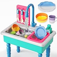 Doloowee Color-Changing Kitchen Sink Toy with Running Water, Upgraded Faucet & Play Dishes - Pretend Play Sink for Kids 3-6 (Blue)