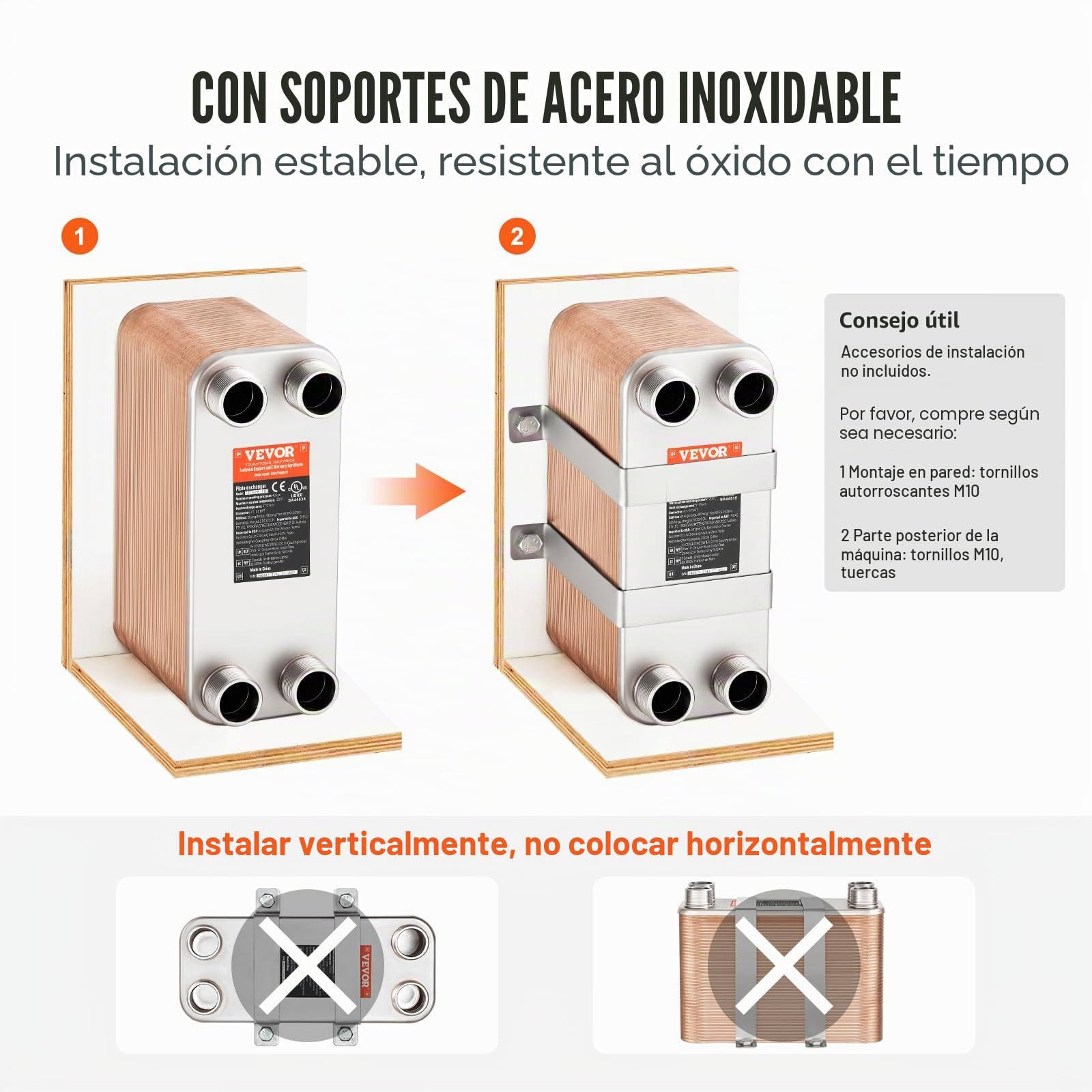 VEVOR Intercambiador de Calor, 80 Placas Soldadas, Cobre/Acero Inoxidable 316 L Agua a Agua para Calefacción por Suelo, Derretimiento de Nieve, Enfriamiento de Cerveza, 301 x 126 x 225 mm, Cobre