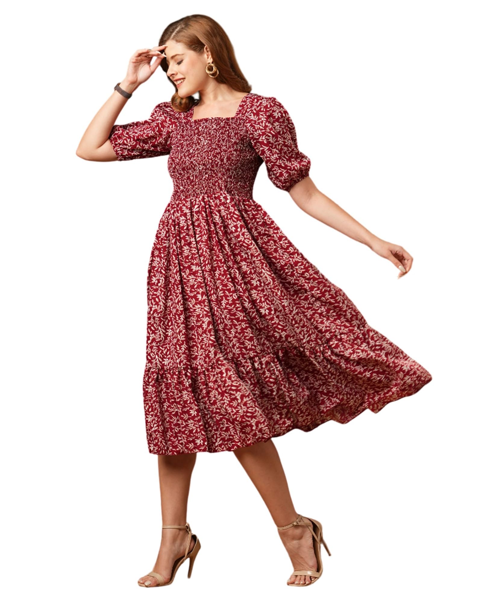 Women's Crepe Fit and Flare Knee Length Elbow-Length Sleeve Square Neck Floral Print Tiered Midi Summer-Light Wear S to XL Dress (D735C)-image-49