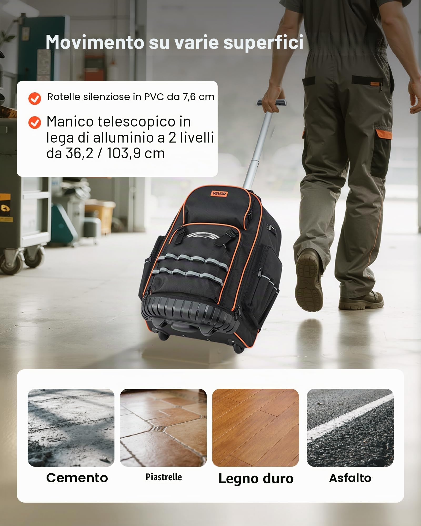 VEVOR Zaino Portautensili con Ruote, Capacità 50 kg, Borsa Portautensili con Ruote da 72 Tasche, Maniglia Telescopica Regolabile e Base Stabile, Organizzatore per Borse per Edilizia, Meccanico