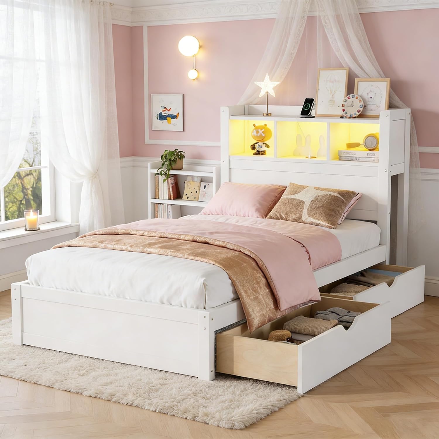 Kids Twin Bed Frame with Storage Drawers, LED Lights, USB Ports & Pull-Out Shelves - White Wood Platform Bed for Boys Girls Small Rooms