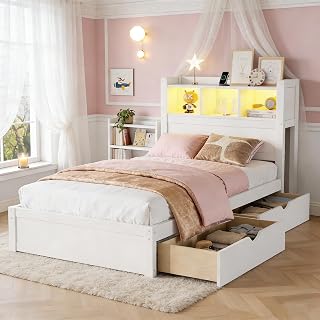 Kids Twin Bed Frame with Storage Drawers, LED Lights, USB Ports & Pull-Out Shelves - White Wood Platform Bed for Boys Girls Small Rooms