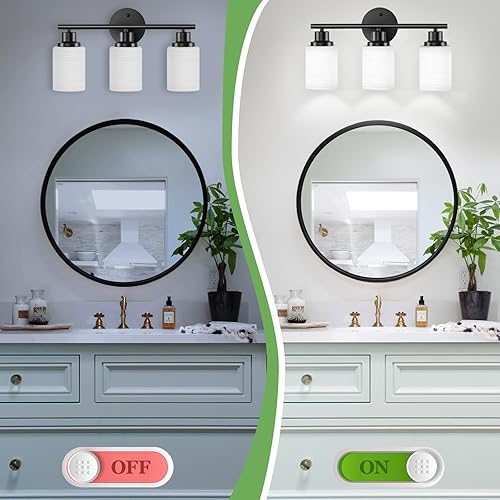 Miniatura 4 de Lámparas de baño de 3 luces, luces negras para espejo con pantalla de vidrio blanco lechoso texturizado, base E26, lámpara moderna de cocina para