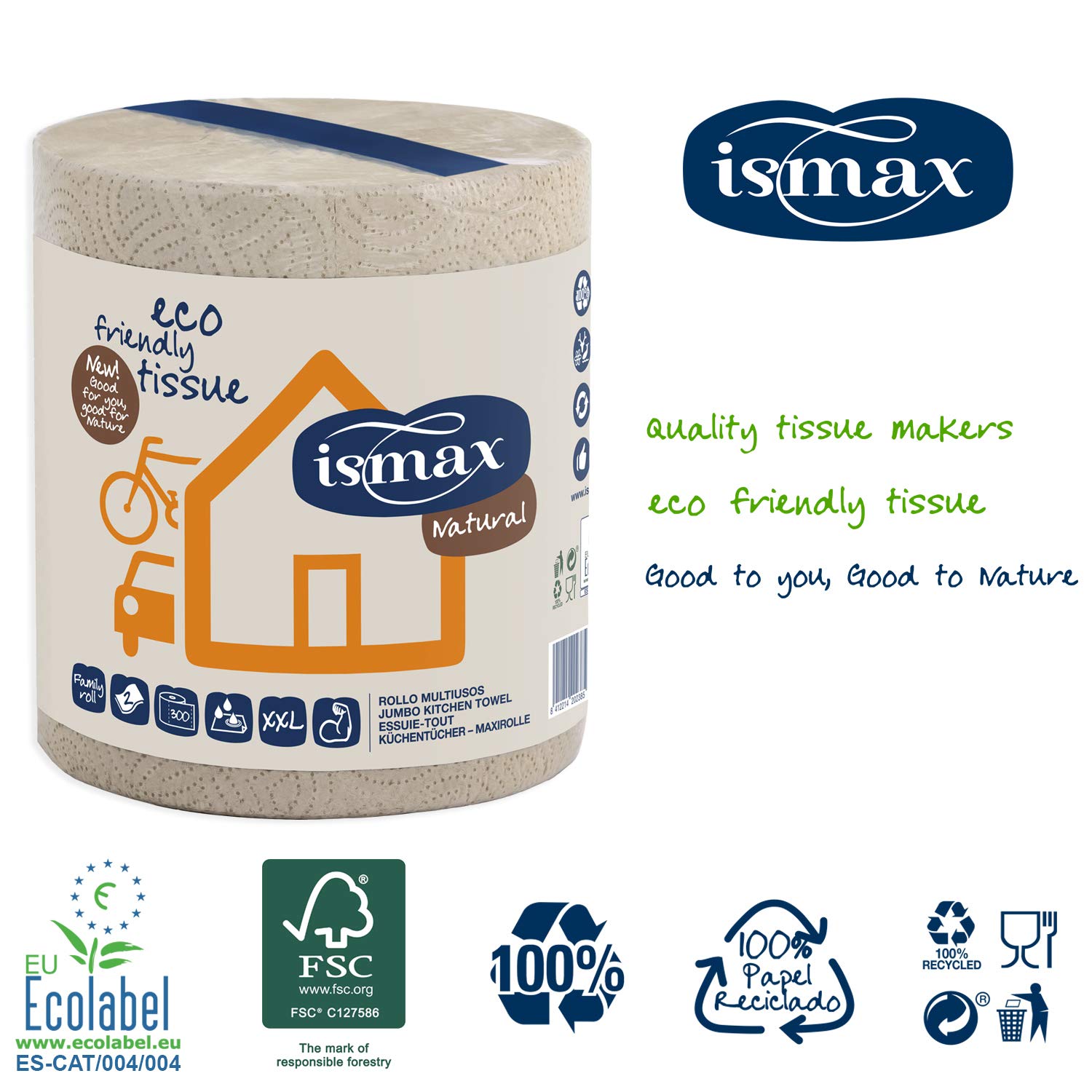 Papel Secamanos Cocina Rollo Multiusos 69 metros Eco Reciclado 300 servicios - 2 Capas Bobina Absorbente Ecologico EXTRA XXL - 1 Saco de 8 Rollos.