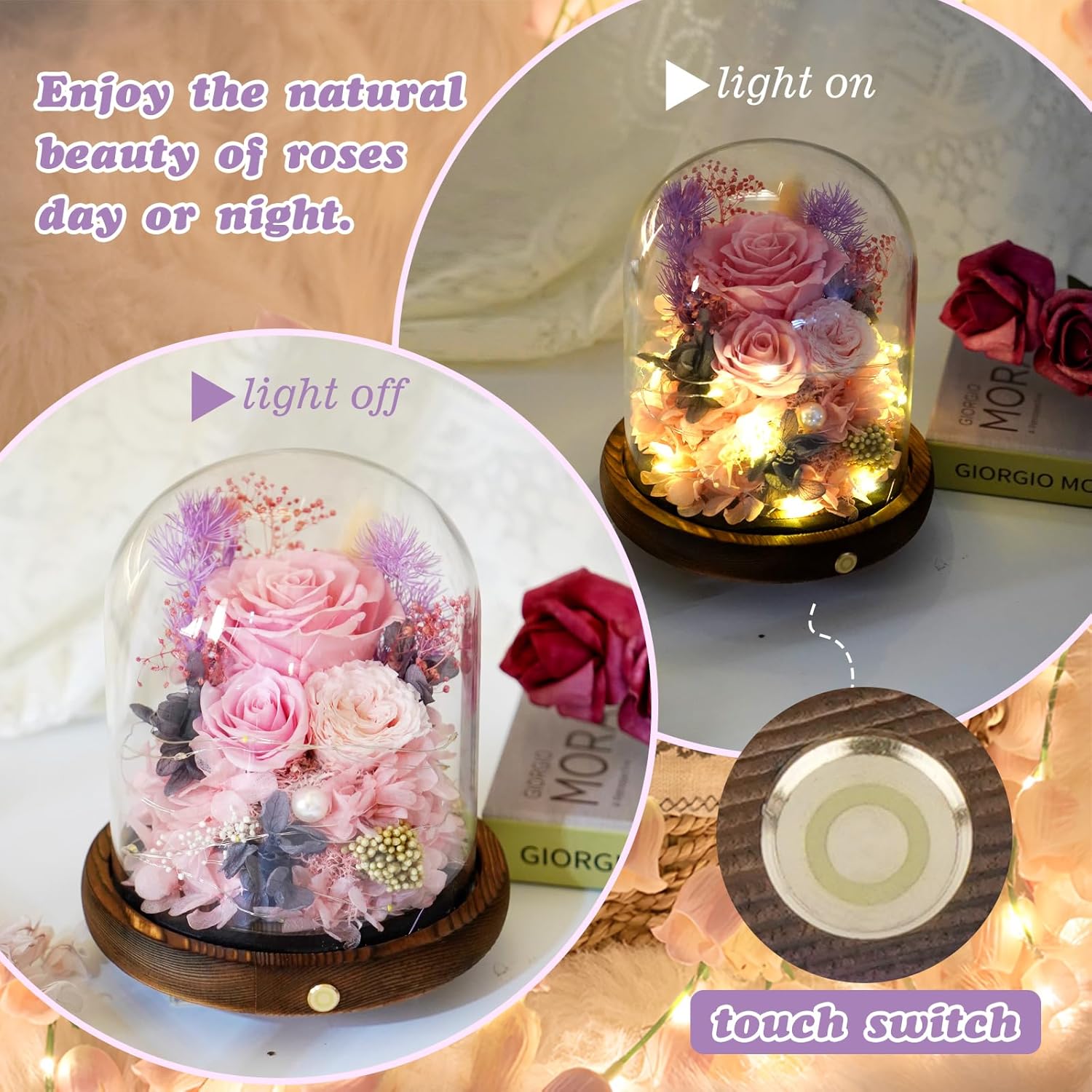 Large Preserved Flowers with Card&Box-Flowers for Delivery Prime,Eternal Rose with Lights,Roses in Glass Dome,Romantic Gift for Her,Decoration,Fresh Rose Flowers for Mom, Birthday, Anniversary (Pink) - Image 6