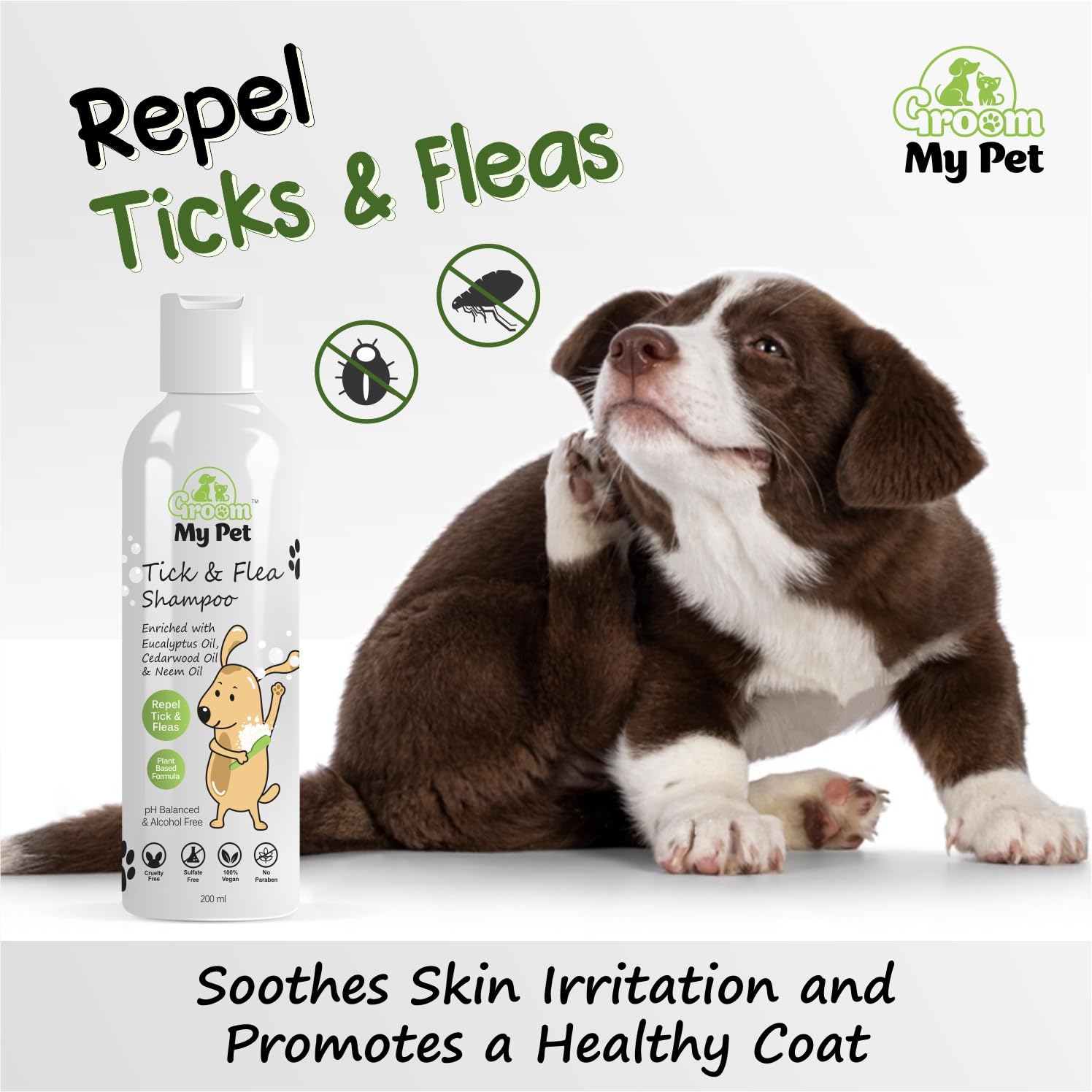 Groom My Pet Tick & Flea Shampoo-200ml | Repel Tick & Fleas | pH Balanced & Alcohol Free | Eucalyptus, Cedarwood & Neem | for All Breeds & Sizes of Dogs | Anti-bactrial & Anti-fungal