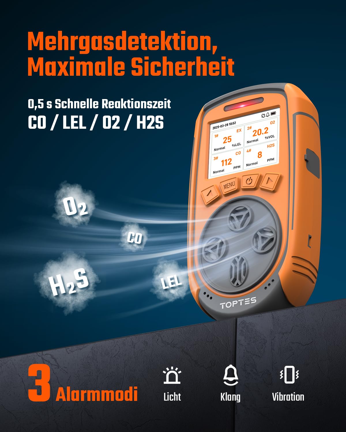 TopTes Guard-863Pro 4-Gas-Messgerät für H₂S, CO, LEL und O₂, mit TFT-Farbdisplay, verbessertem O₂-Sensor (5 Jahre Lebensdauer), USB-Datenausgabe, 18 Std. Akkulaufzeit, zuverlässig für Arbeit & Zuhause
