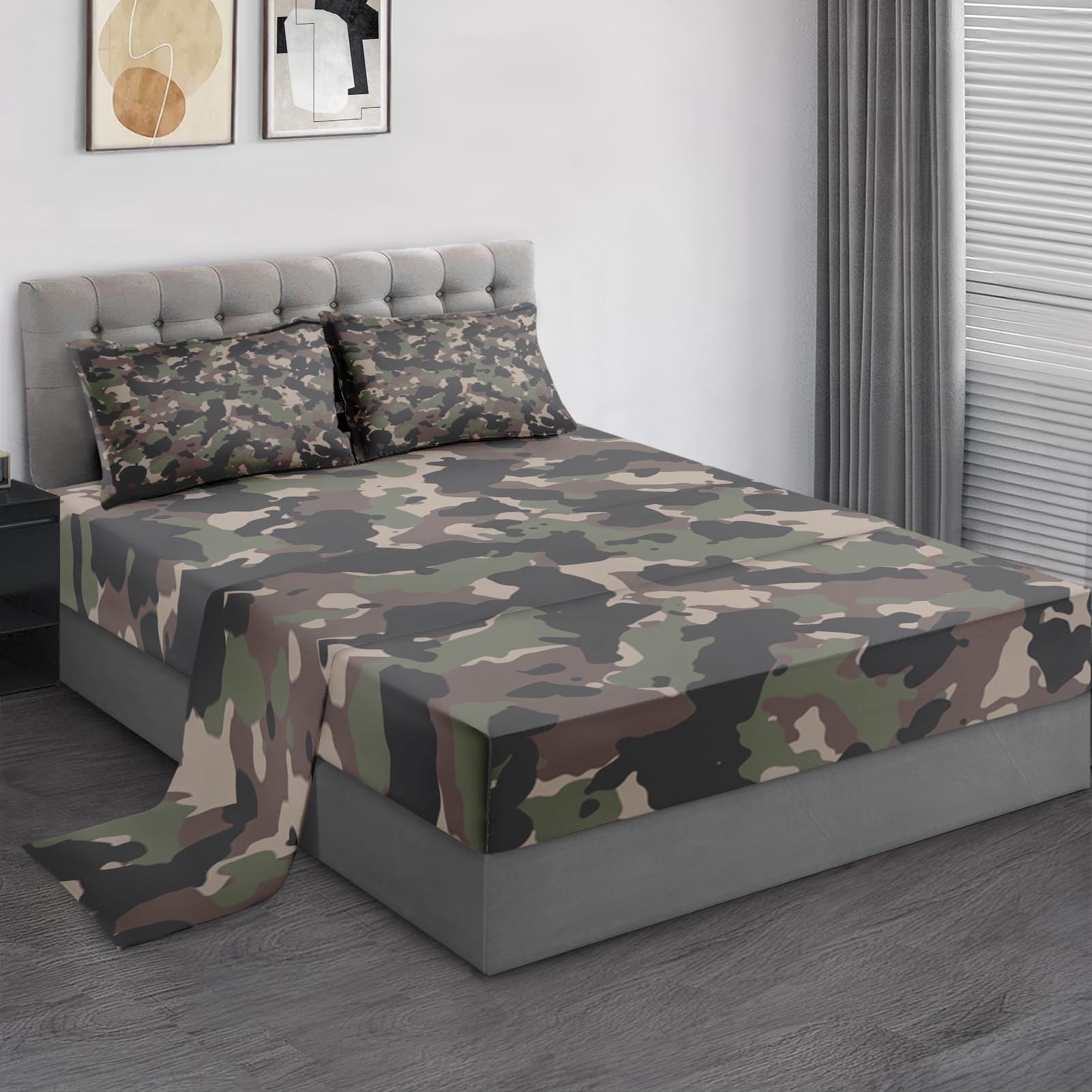 Pamnest Queen Size Bed Sheet Sets, Woodland Camouflage Soft Microfiber 4 Pcs Bedding Sets for Kids and Adults Bedroom Bed Decor, Camo Military Hunting Flat, Fitted Sheet and 2 Pillowcases