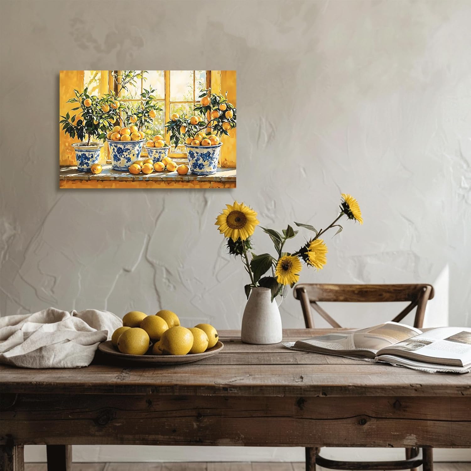 XLMDYYSW Lemon Wall Art Citrus Prints for Kitchen Wall Decor Yellow Fruit Pottery Canvas Picture Blue Classical Painting for Farmhouse Bathroom Framed (Orange, 24.00" x 36.00")