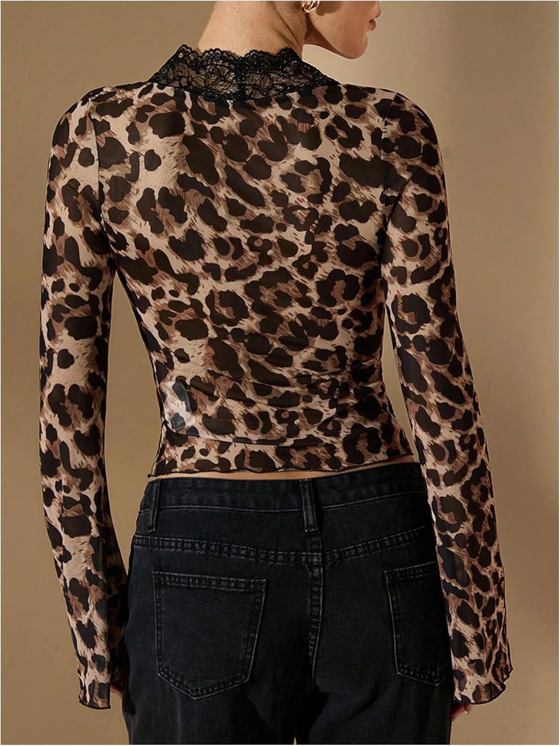 Floerns Women's Y2K Leopard Print Floral Lace Blouse Bell Sleeve V Neck Dressy Shirts - Image 2
