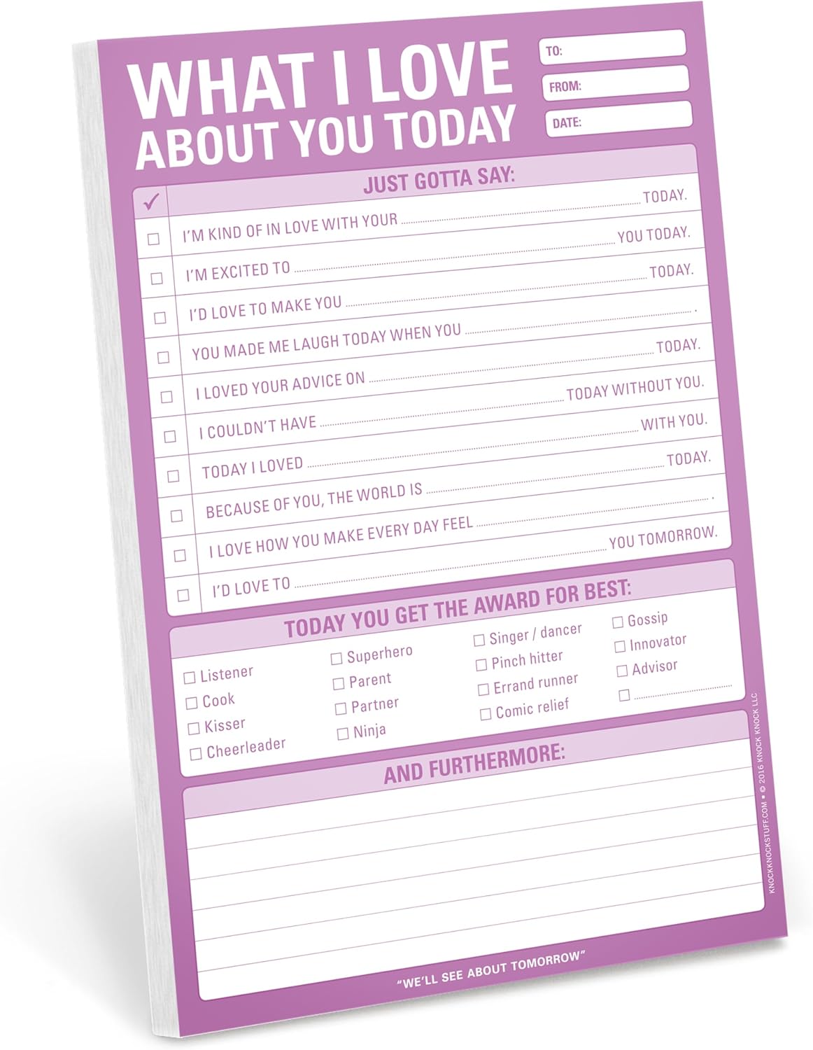 6-Count Knock Knock What I Love about You Today Pads, Love Letter Paper Checklist Lunch Box Notes for Husband, 6 x 9-inches