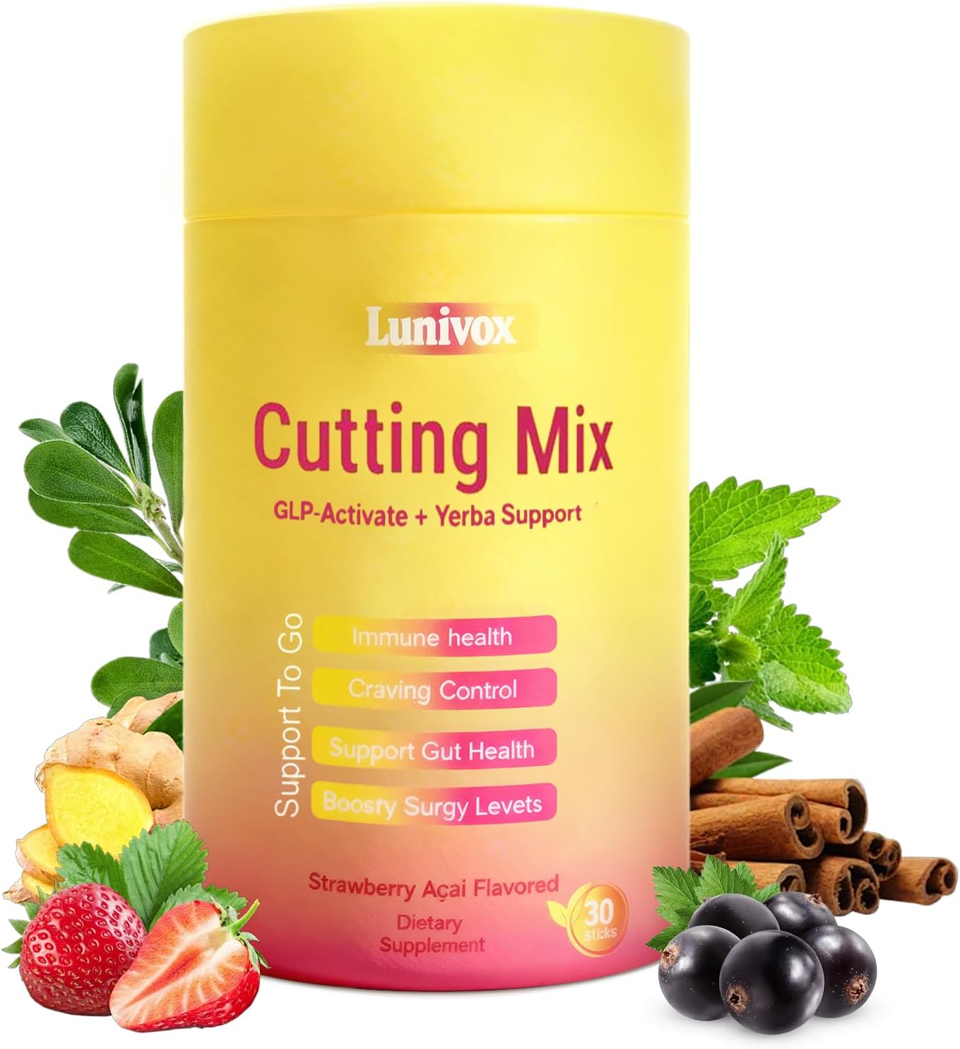 Cutting Drink Mix –GLP-1 Drink Mix | Dual-Action Prebiotic Formula for Gut Wellness Support & Healthy Energy Boost | Non-GMO, Gluten-Free & Vegan | Delicious Strawberry Açaí Flavor (30 Sticks) - Amazon product rated Grade B