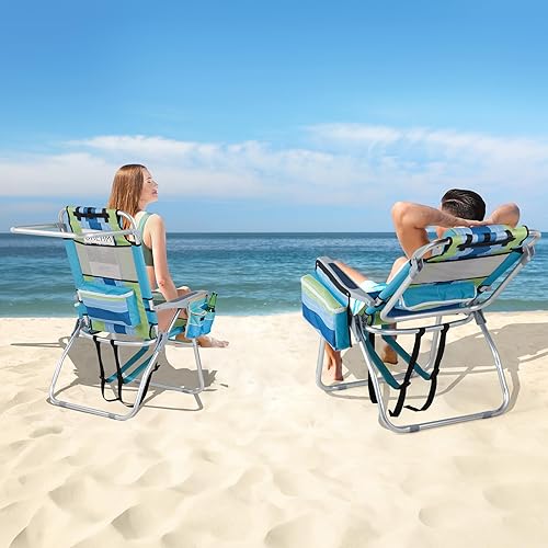 Miniatura 2 de VINGLI Silla alta de playa ligera, paquete de 2 sillas de playa ligeras para adultos con 5 posiciones, bolsa refrigeradora, portavasos, toallero,