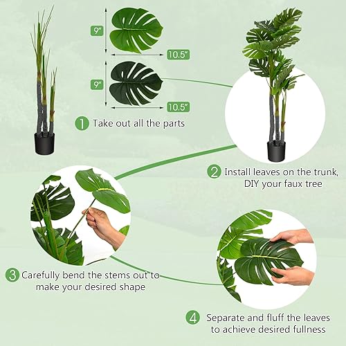 Miniatura 5 de Goplus Planta artificial Monstera Deliciosa de 4 pies, palmera tropical falsa con 20 hojas grandes, maceta de cemento, musgo realista, planta de