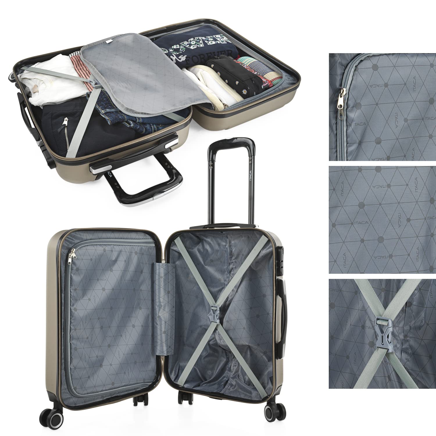 ITACA - Maleta de Cabina 55x40x20 - Maletas De Viaje Cabina Rígidas Trolley con 4 Ruedas Dobles para Avion Ligera Equipaje De Mano Candado de Combinación. Compatible Ryanair, Champagne — view 4