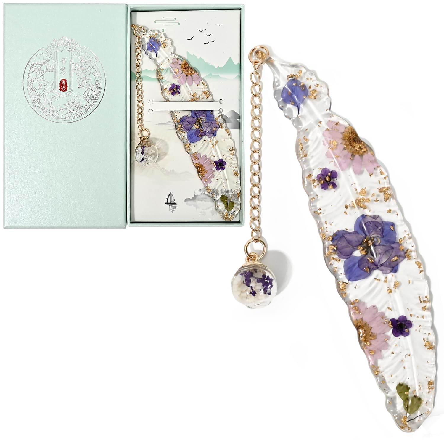 Pressed Flower Bookmark Pendant Bookmark Handmade Resin Book Lover Gift for Women, Teachers, Mothers（Purple）