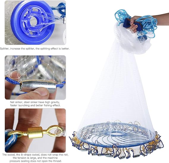 Lawaia Saltwater Fishing Cast Net with for Bait Trap Fish Throw Net. Size 4ft/5ft/7ft Radius Monofilament Line Freshwater Casting Nets