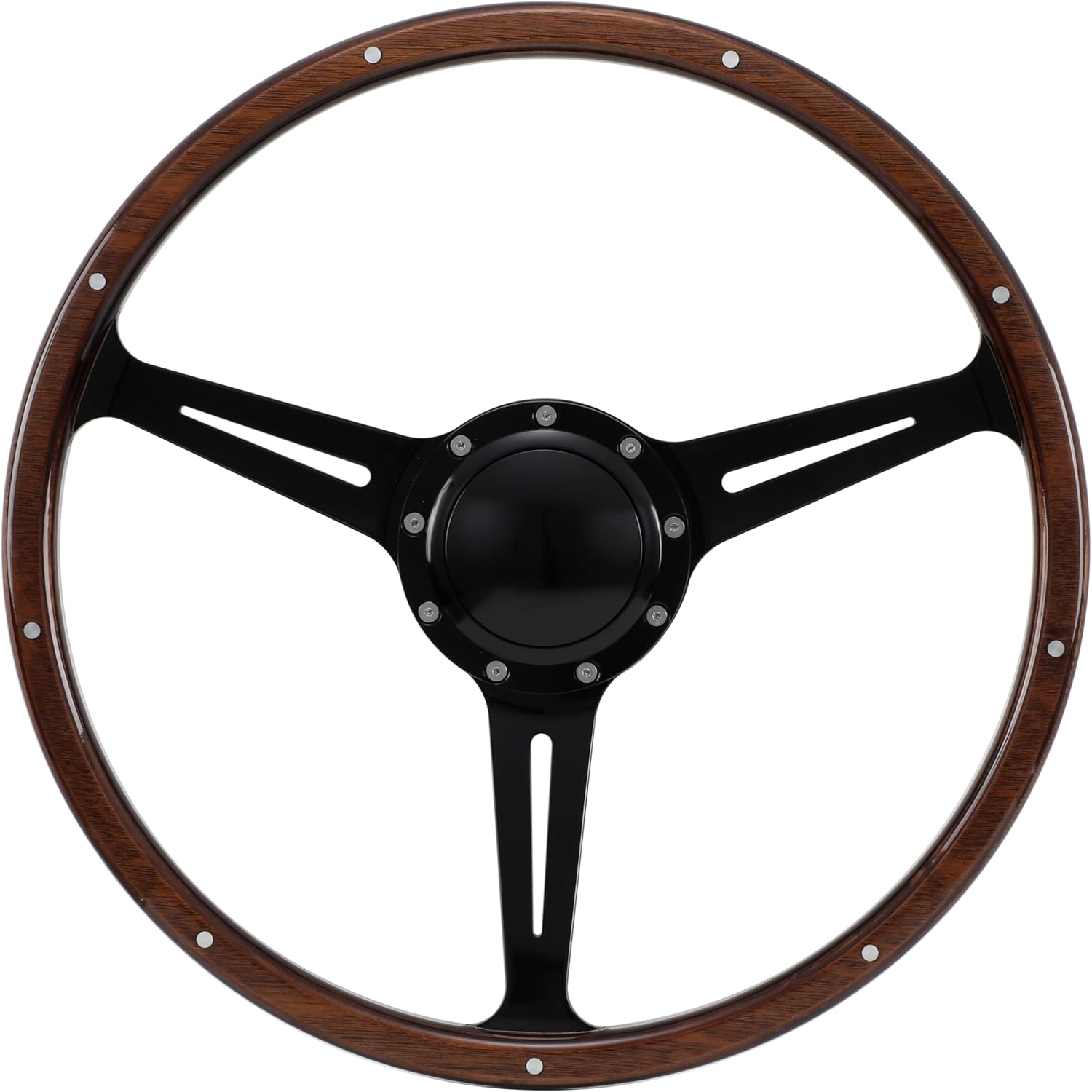 Flashpower 16" Classic 9 bolts Steering Wheel Black Anodized Spoke 9 Rivets with Horn Button