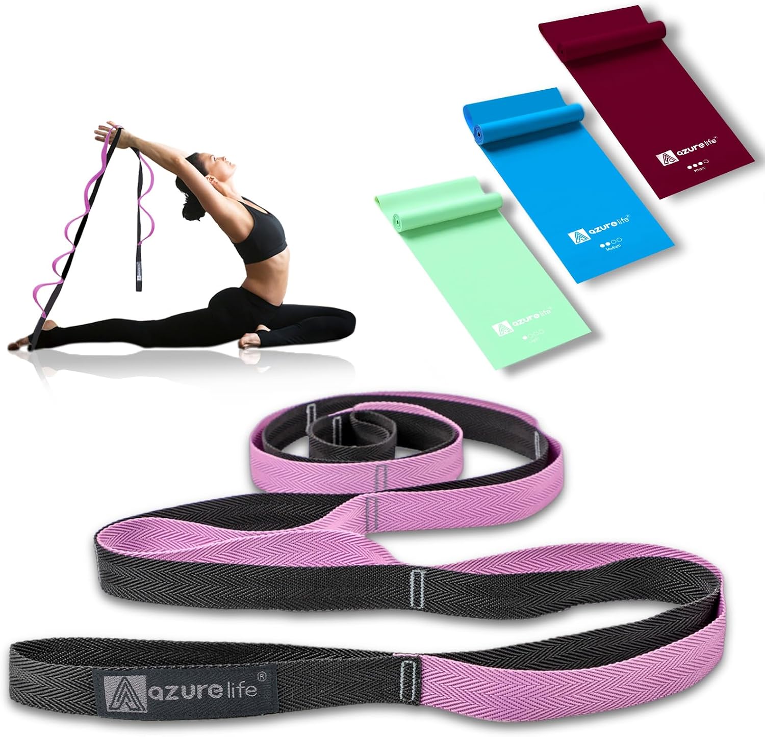 A AZURELIFE Flat Resistance Band Set (3 Pieces Total) Exercise Bands and Premium Durable Stretch Strap with Loops