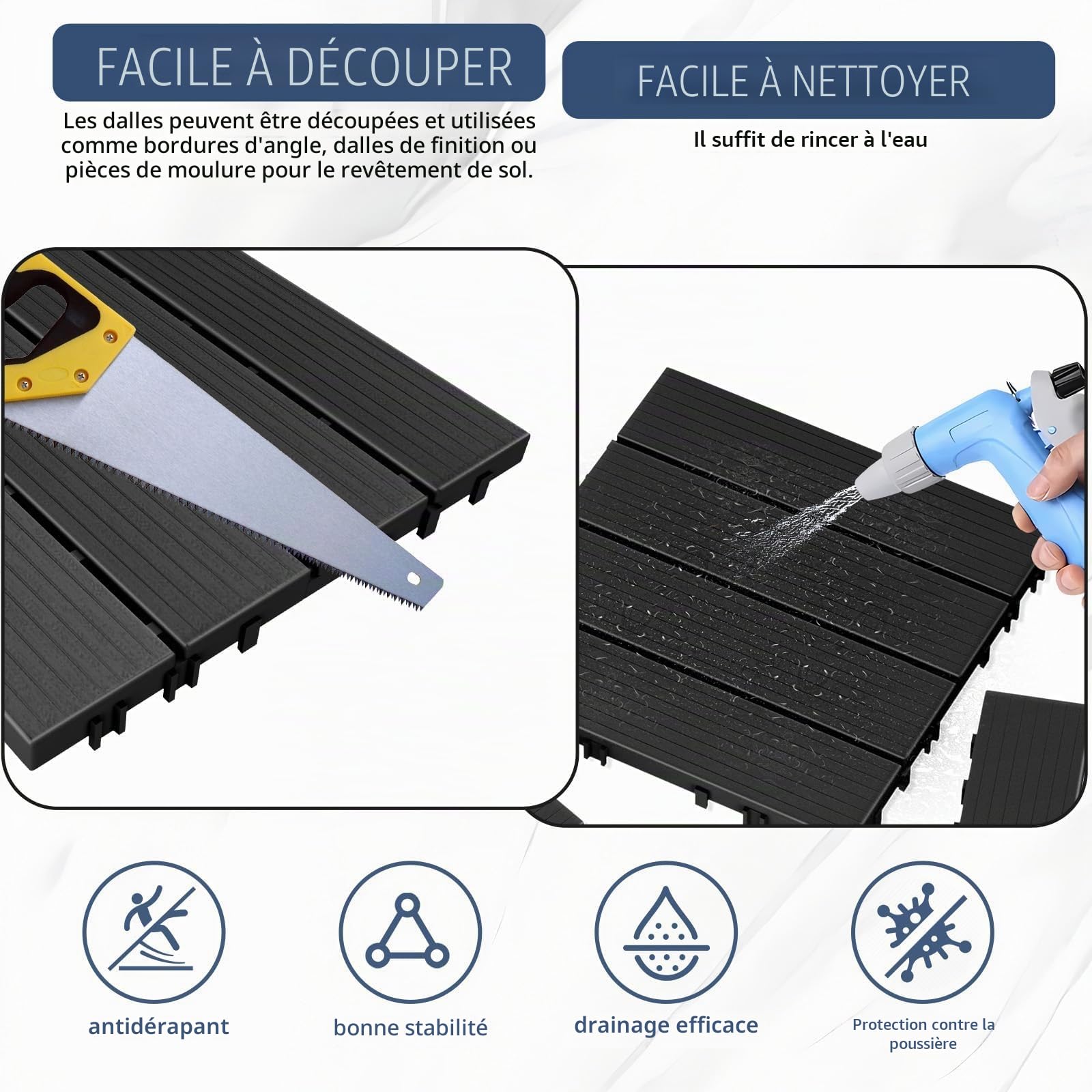 Lot de 36 dalles de terrasse en plastique composite emboîtables - Résistantes aux intempéries - Pour terrasse, balcon, béton - 30 x 30 cm - Gris foncé