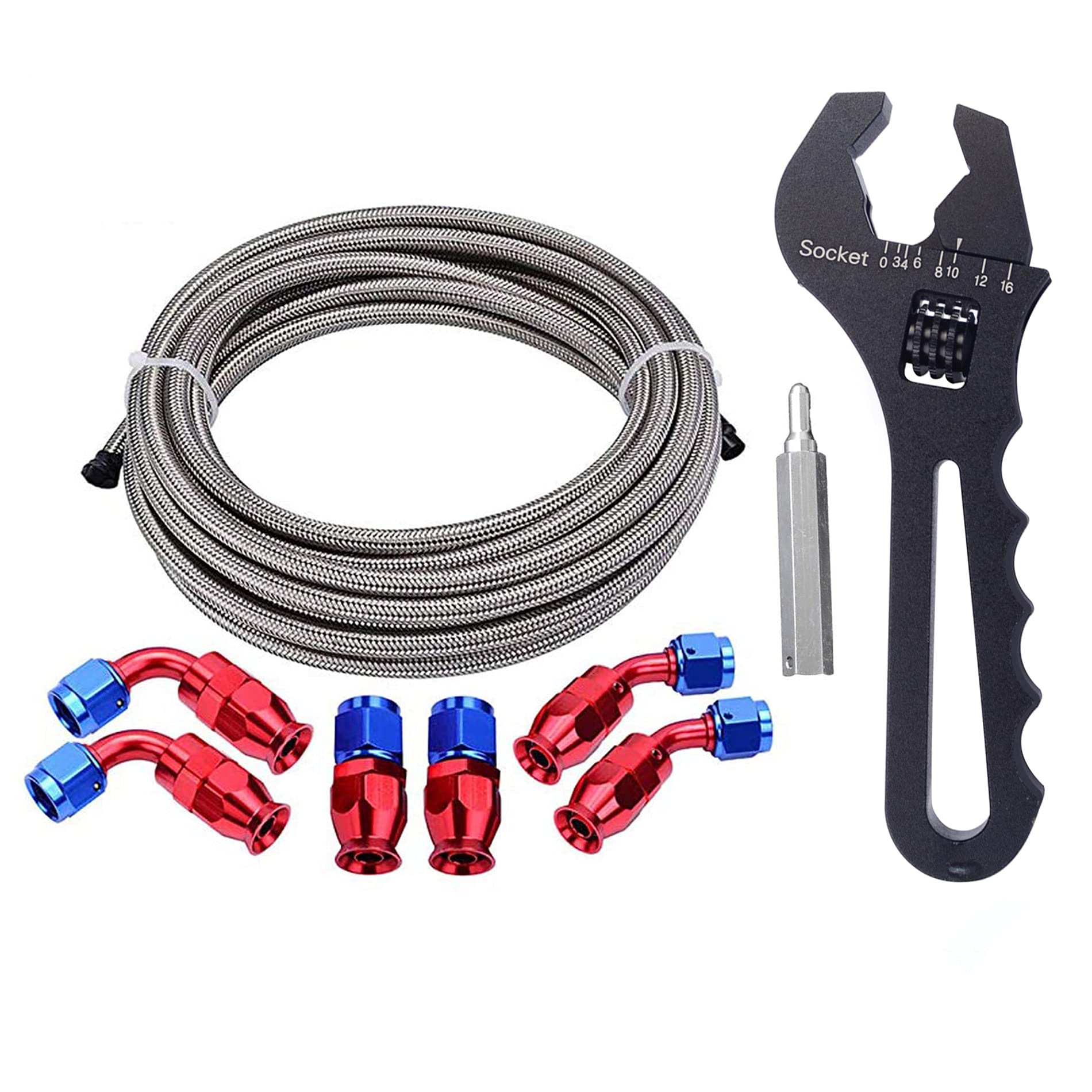 EVIL ENERGY 4AN 1/4" PTFE E85 Hose Braided Fuel Line Fitting Kit 10FT Stainless Steel Silver Bundle