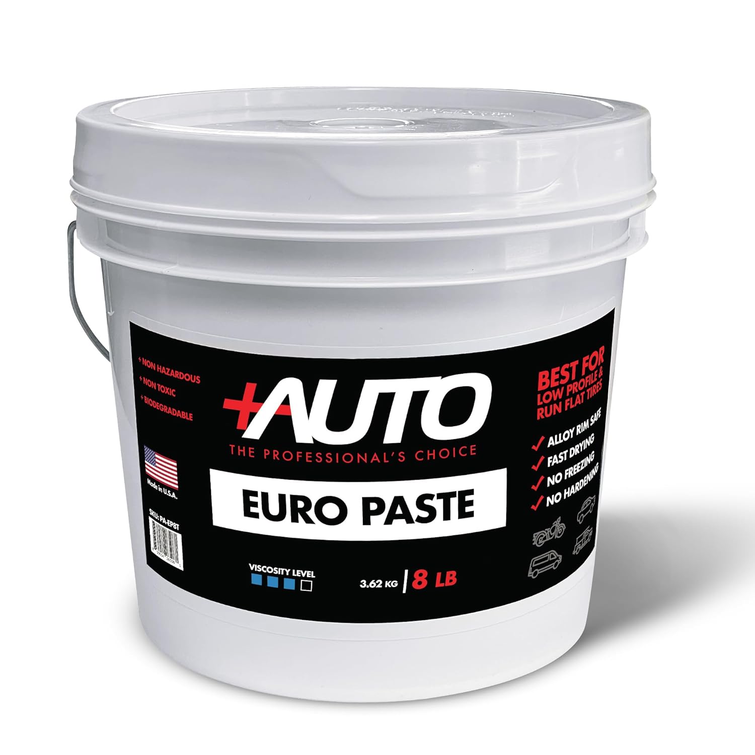 +AUTO Euro Paste, Thick Tire Mounting Lube, Automotive Tires, SUV Tires, Motorcycle Tires, Light & Commercial Truck Tires, Low Profile Tires, Run Flat Tires, Made in The U.S.A., (8 lb, Tall Bucket)