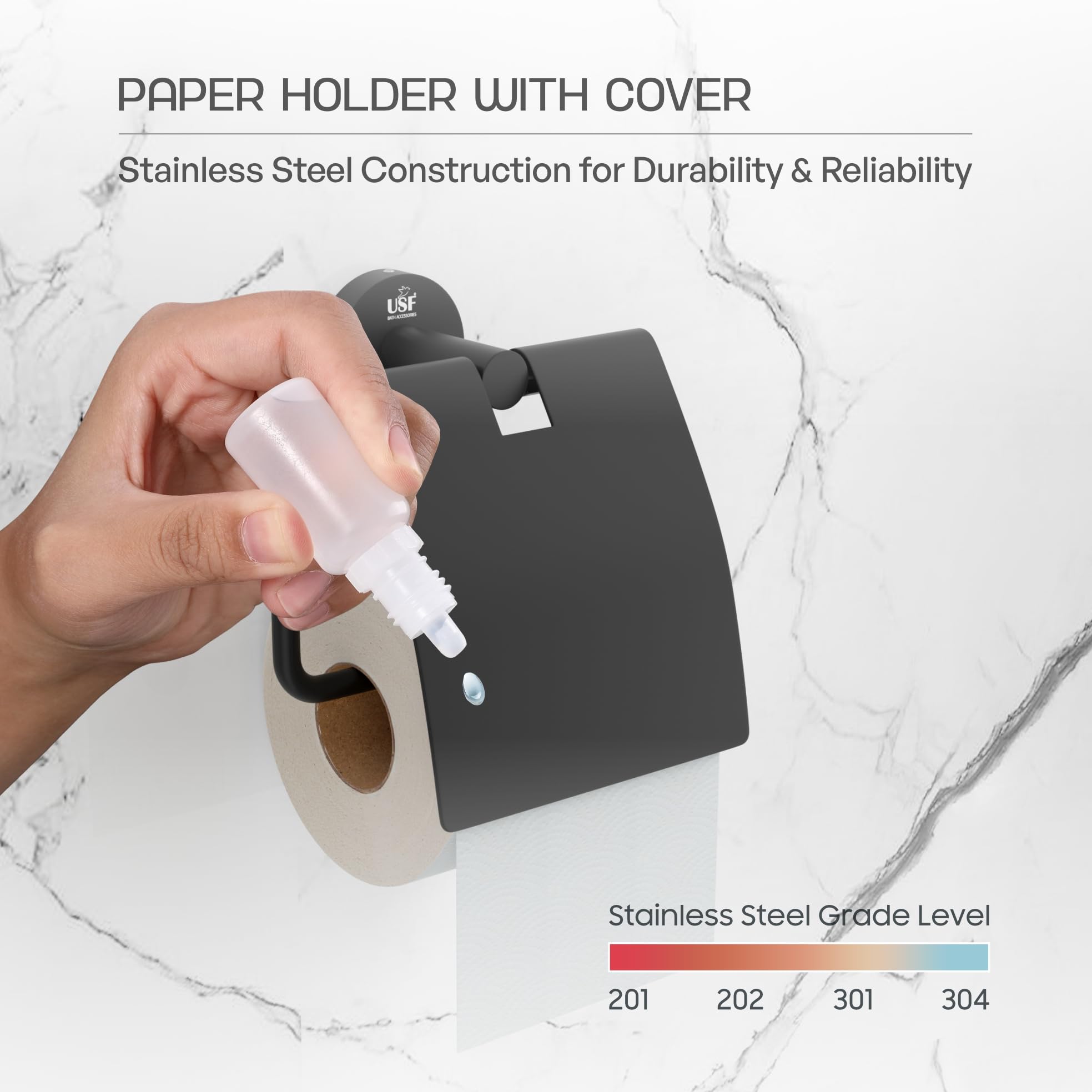 USF 304 Stainless Steel Toilet Paper Holder, Black Finish Tissue Roll Stand, Wall Mounted Toilet Tissue Holder for Bathroom, Corrosion Resistant, Modern Utility Design, 25 Years Warranty - Puma 3