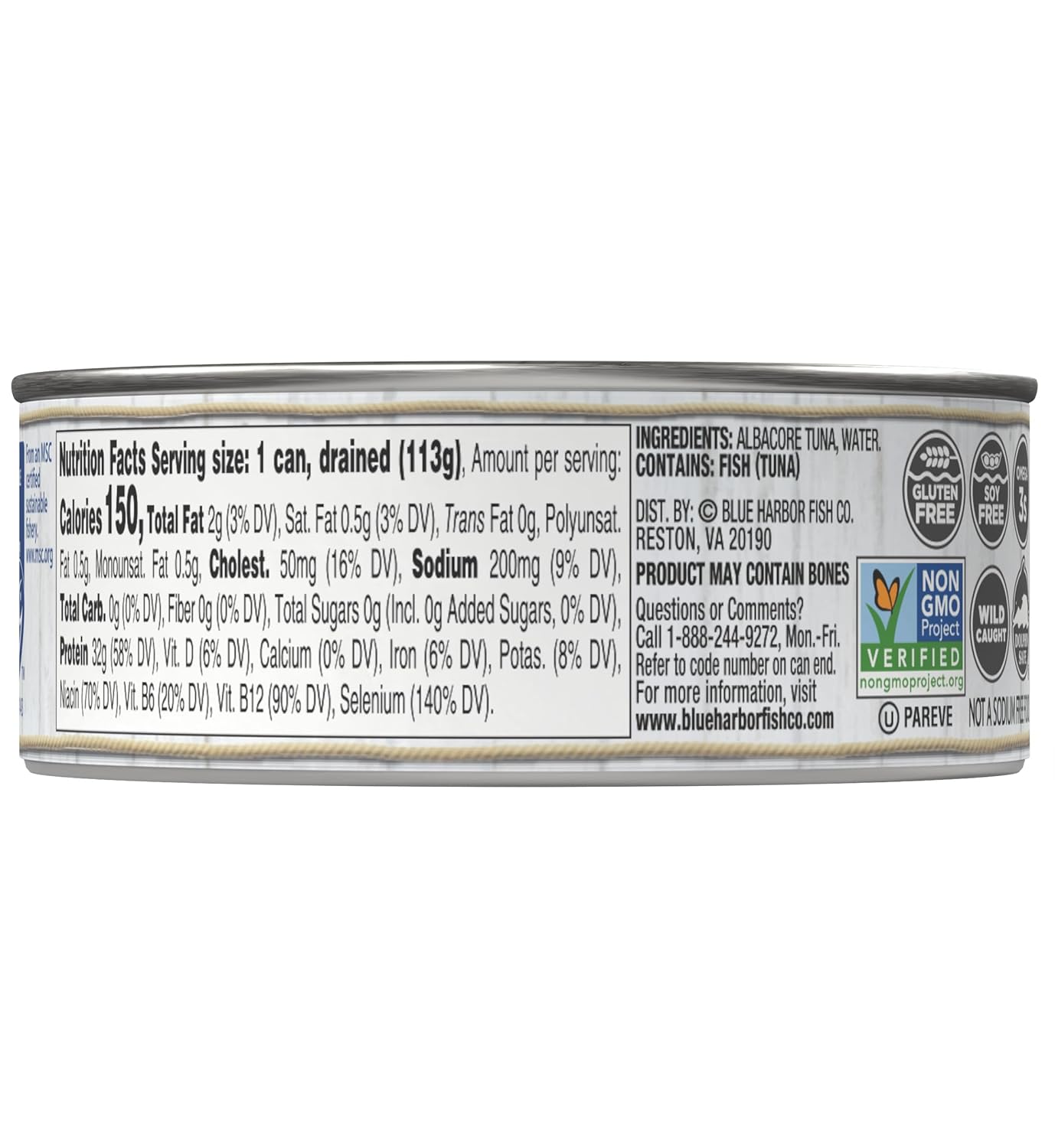 Blue Harbor Fish Co. Wild Albacore Solid White Tuna in Water No Salt Added - 4.6 oz Can (Pack of 12)